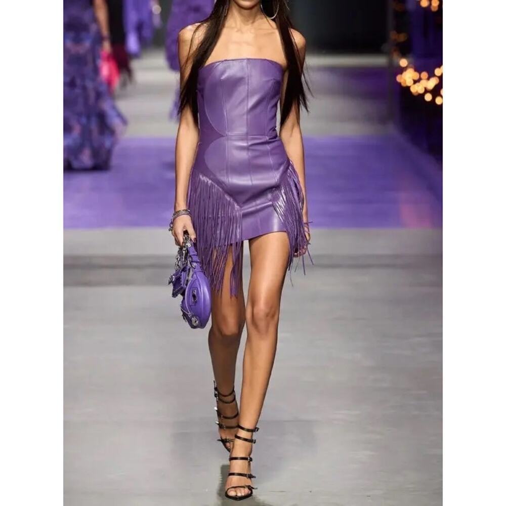 Versace Runway Bright Dark Orchid Leather Fringe Mini Dress